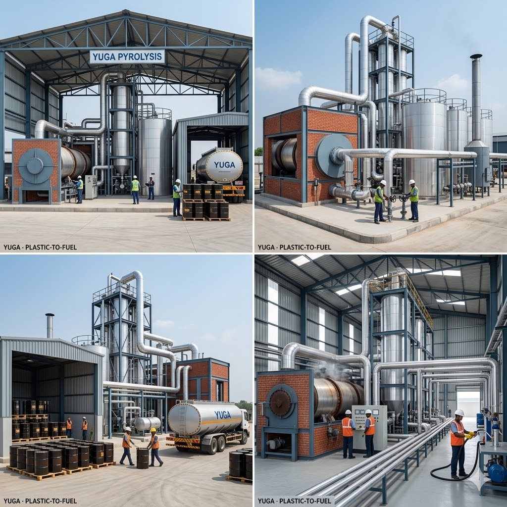 Plastic-to-fuel pyrolysis plant - one plant from four angles
