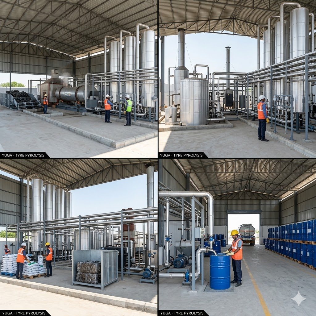 Tyre pyrolysis plant - one plant from four angles