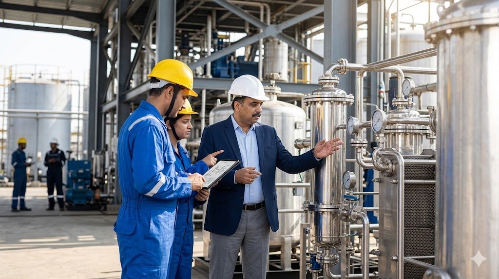 YUGA founder Prince Shah inspecting a bitumen decanter plant
