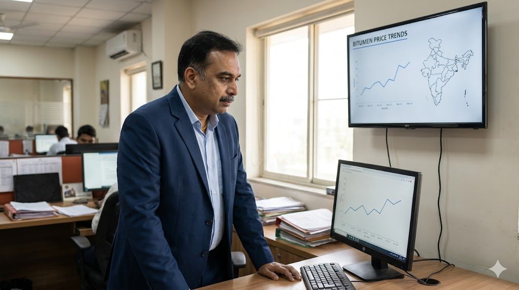 YUGA founder Prince Shah reviewing bitumen market data and price trends