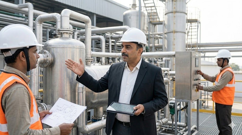 YUGA founder Prince Shah reviewing a PMB plant with the team