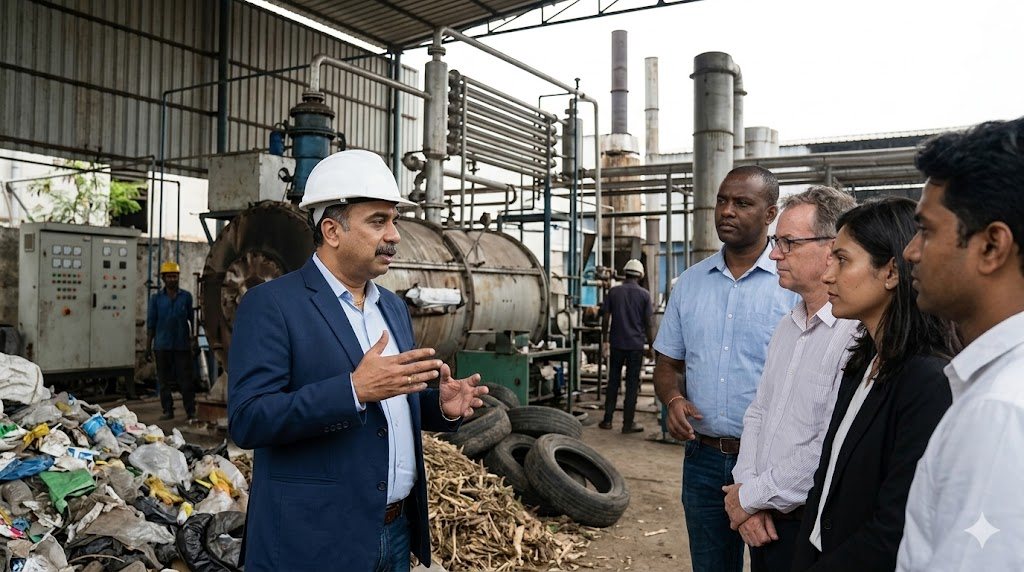 YUGA founder Prince Shah consulting a client group at a pyrolysis plant