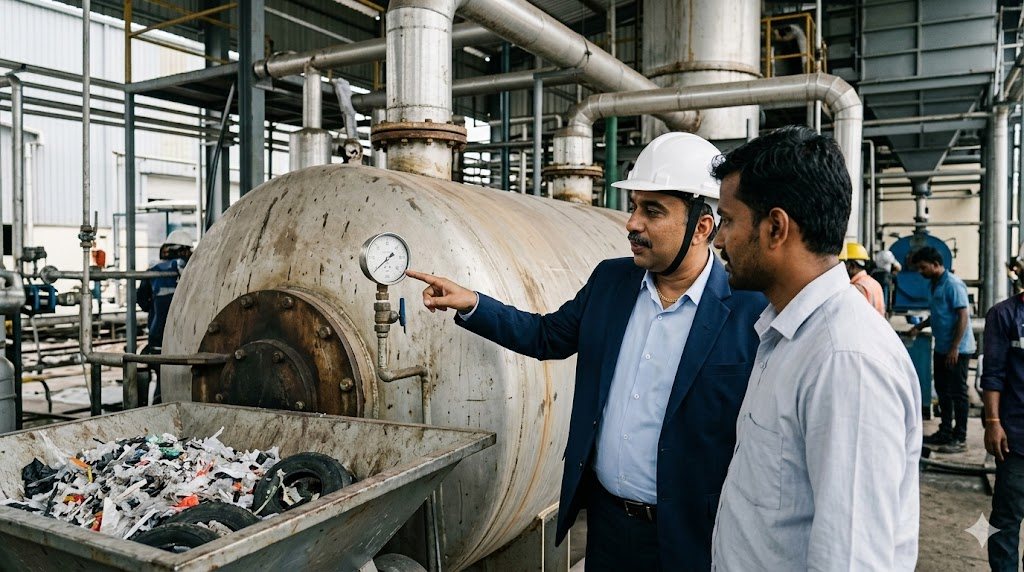 YUGA founder explaining the pyrolysis reactor to an engineer
