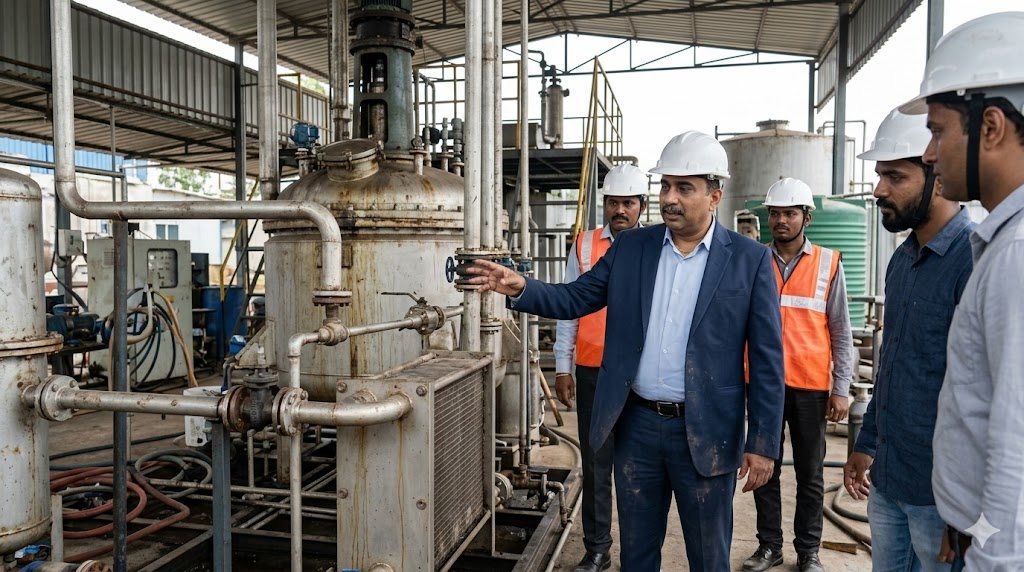 YUGA founder leading a client walkthrough of a pyrolysis plant